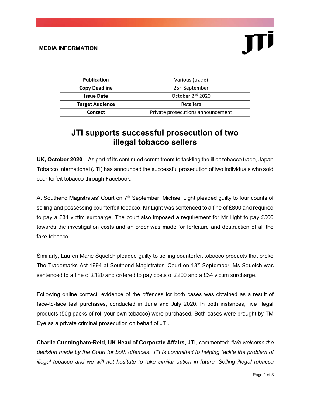 JTI Supports Successful Prosecution of Two Illegal Tobacco Sellers