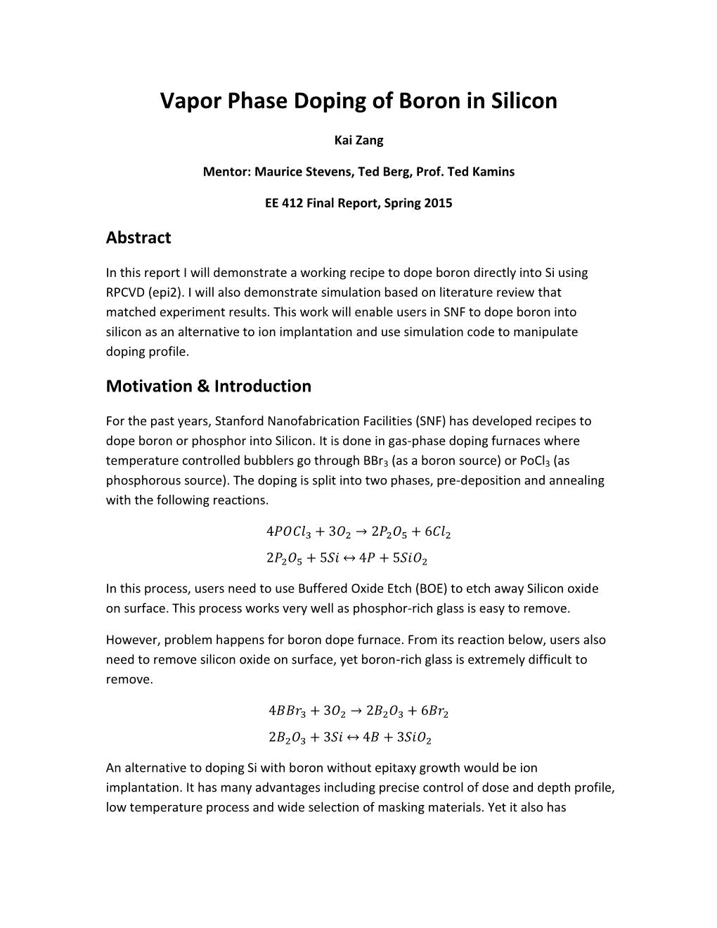 Vapor Phase Doping of Boron in Silicon- Final Report