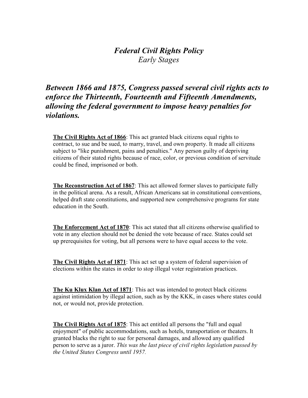 Federal Civil Rights Policy--Early Stages