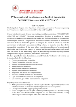 7Th International Conference on Applied Economics “COMPETITION: ANALYSIS and POLICY”