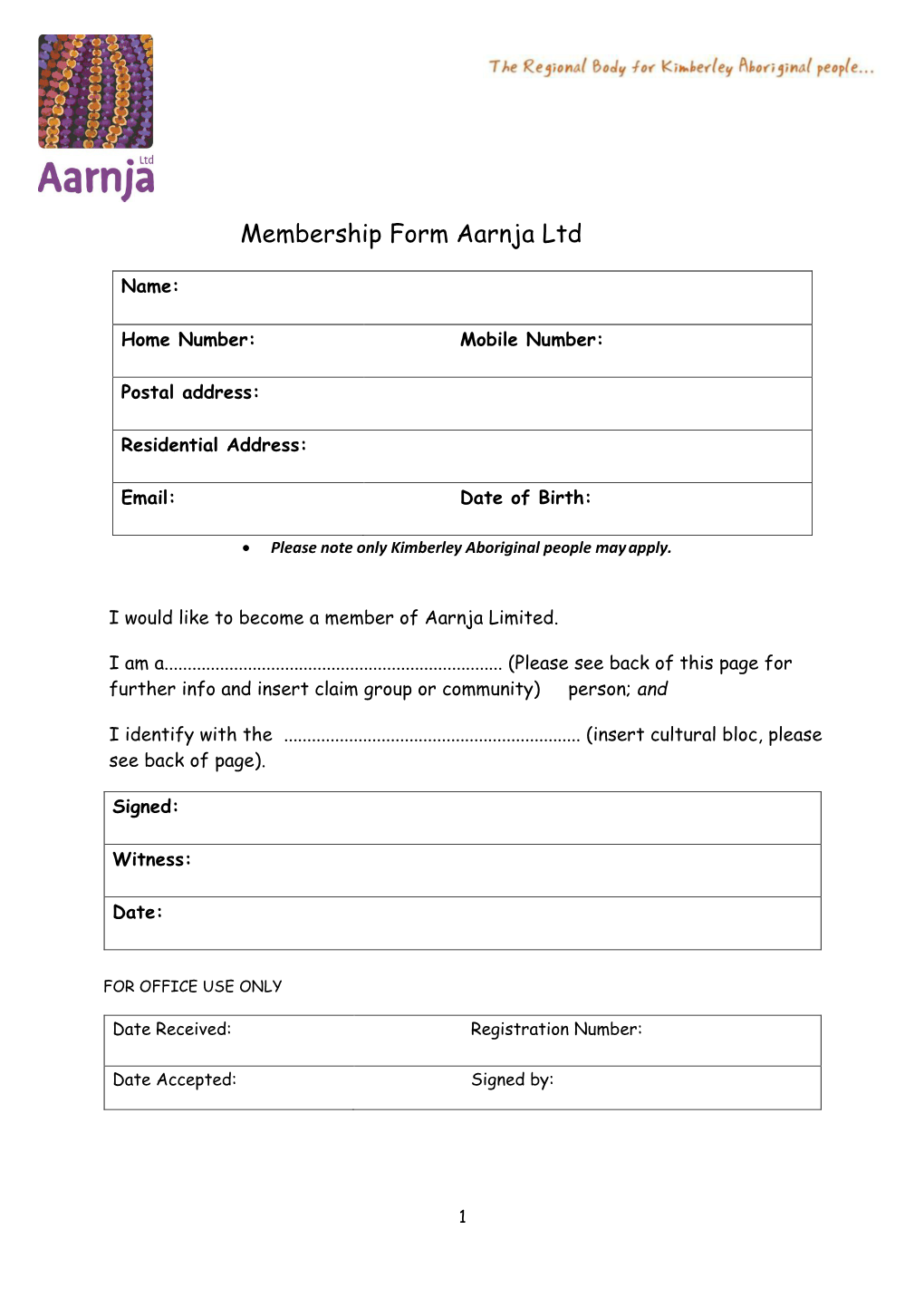 Membership Form Aarnja Ltd