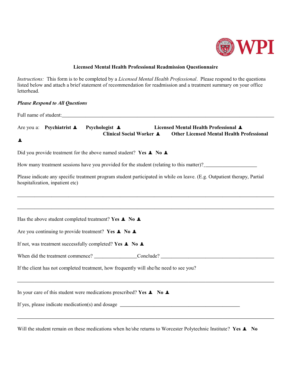 Treating Doctor S Re-Entry Questionnaire