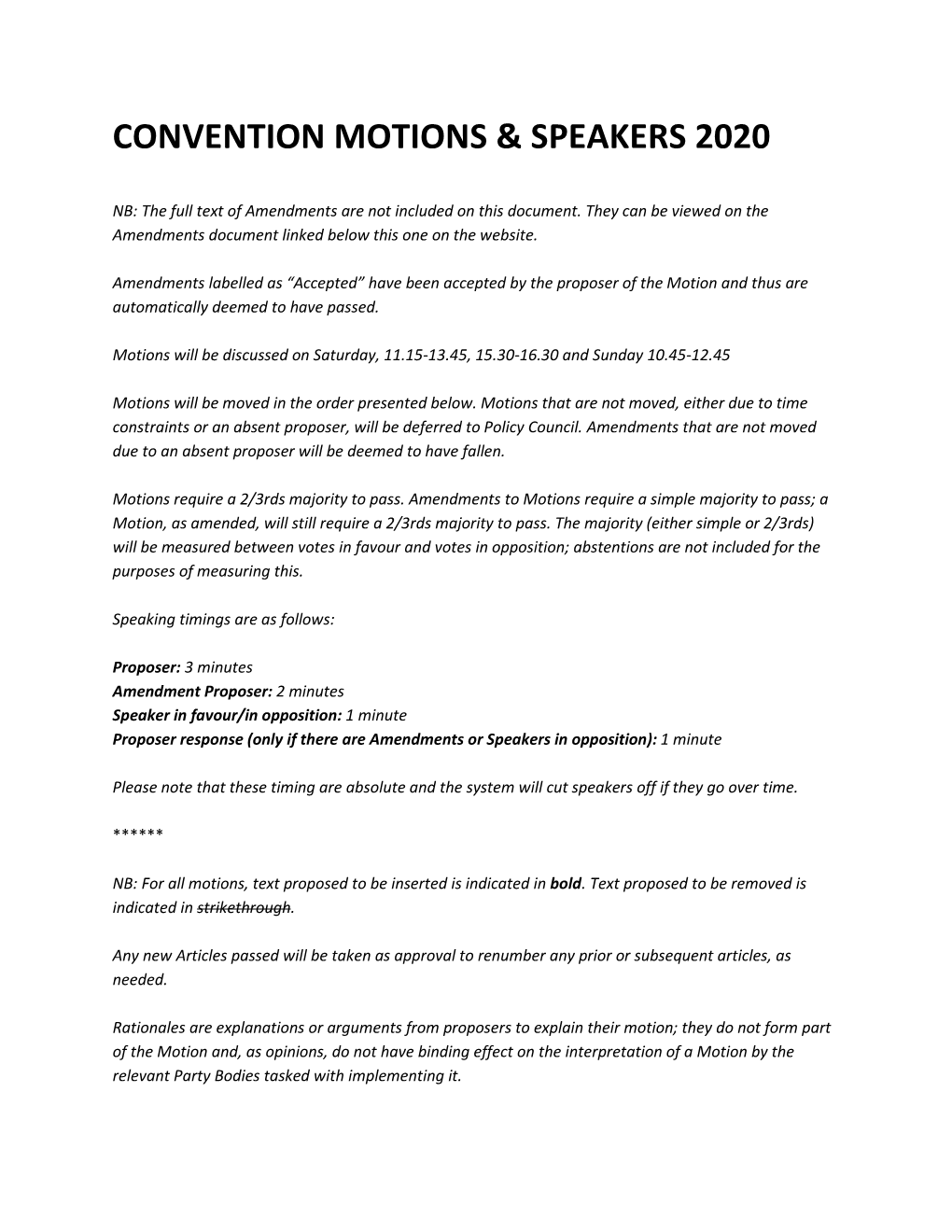 Convention Motions and Speakers 2020