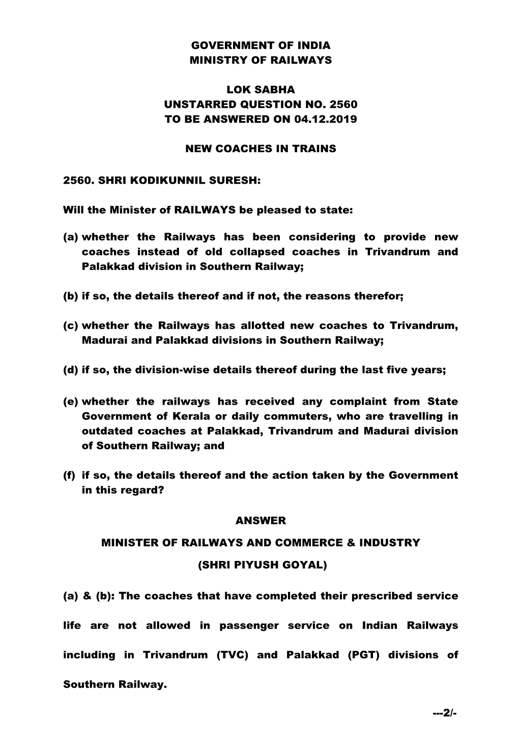 Government of India Ministry of Railways Lok Sabha