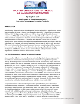 Policy Recommendations to Stimulate U.S. Manufacturing Innovation