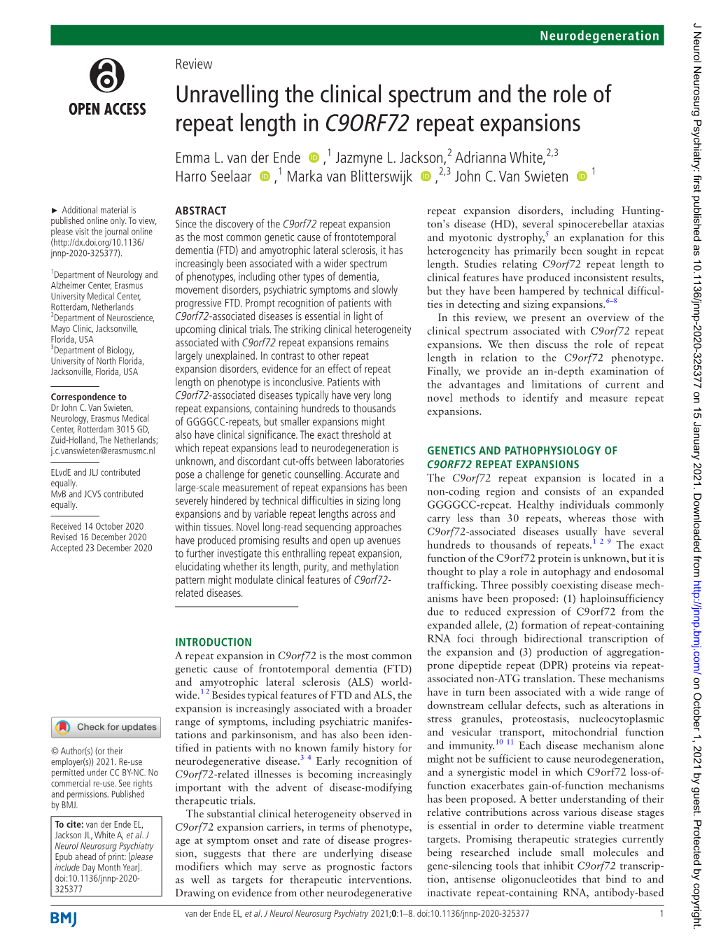 Unravelling the Clinical Spectrum and the Role of Repeat Length in C9ORF72 Repeat Expansions Emma L