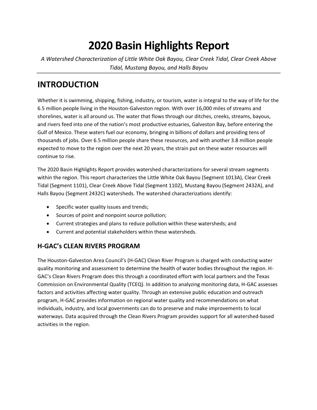 2020 Basin Highlights Report a Watershed Characterization of Little White Oak Bayou, Clear Creek Tidal, Clear Creek Above Tidal, Mustang Bayou, and Halls Bayou