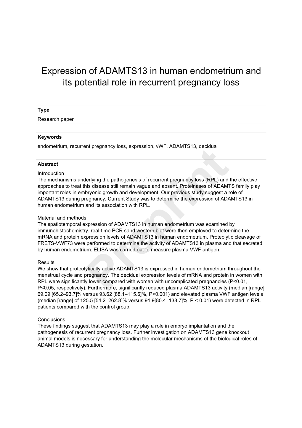 Expression of ADAMTS13 in Human Endometrium and Its Potential Role in Recurrent Pregnancy Loss