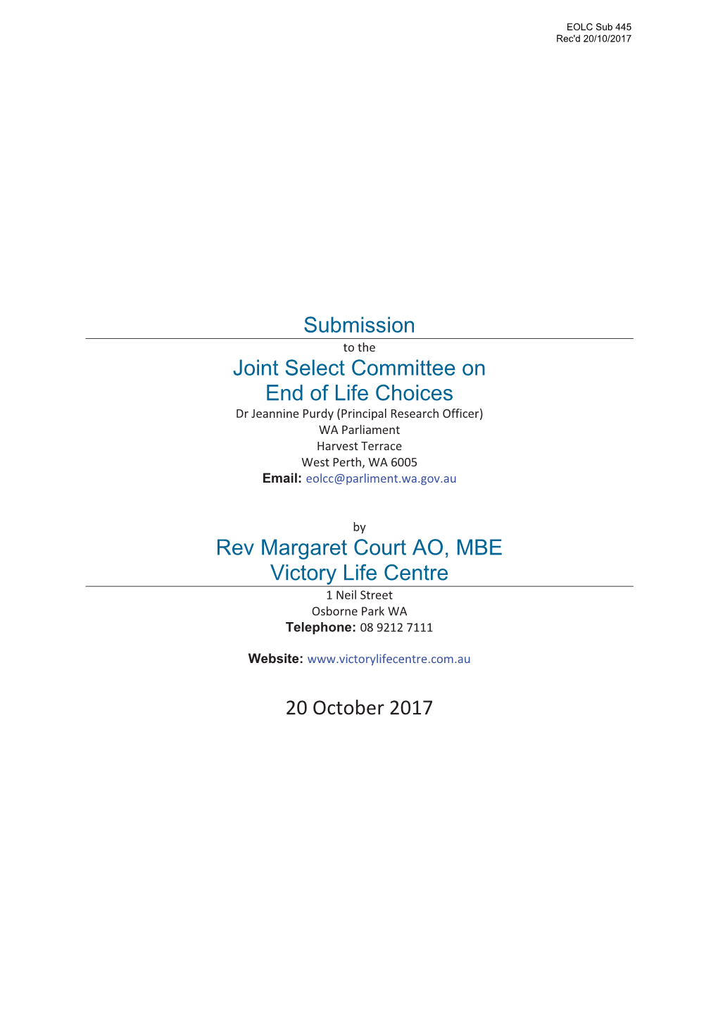 Submission Joint Select Committee on End of Life Choices Rev Margaret