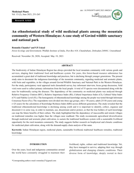 An Ethnobotanical Study of Wild Medicinal Plants Among the Mountain Community of Western Himalayas: a Case Study of Govind Wildlife Sanctuary and National Park
