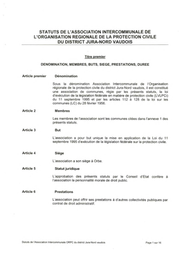 Statuts De L'association Intercommunale De L'organisation Regionale De La Protection Civile Du District Jura-Nord Vaudois