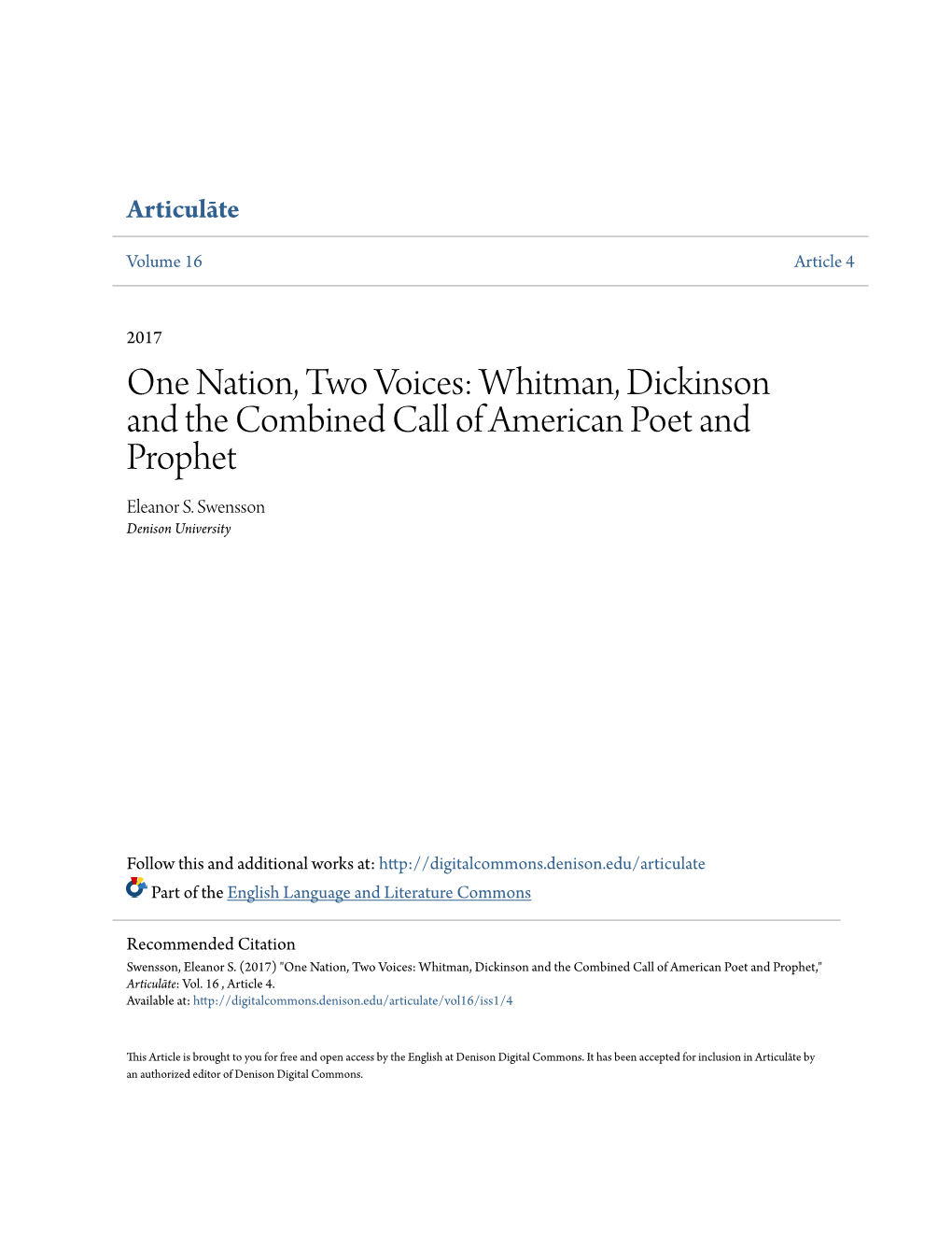 One Nation, Two Voices: Whitman, Dickinson and the Combined Call of American Poet and Prophet Eleanor S