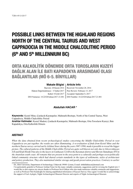 POSSIBLE LINKS BETWEEN the HIGHLAND REGIONS NORTH of the CENTRAL TAURUS and WEST CAPPADOCIA in the MIDDLE CHALCOLITHIC PERIOD (6Th and 5Th MILLENNIUM BC)