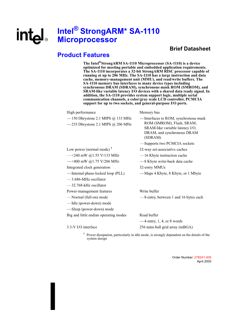 Intel Strongarm* SA-1110 Microprocessor