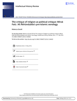 The Critique of Religion As Political Critique: Mīrzā Fatḥ ʿalī Ākhūndzāda's Pre-Islamic Xenology