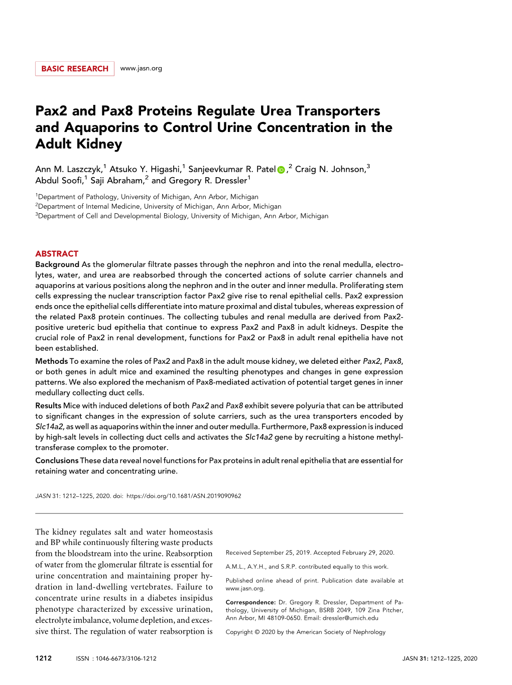 Pax2 and Pax8 Proteins Regulate Urea Transporters and Aquaporins to Control Urine Concentration in the Adult Kidney