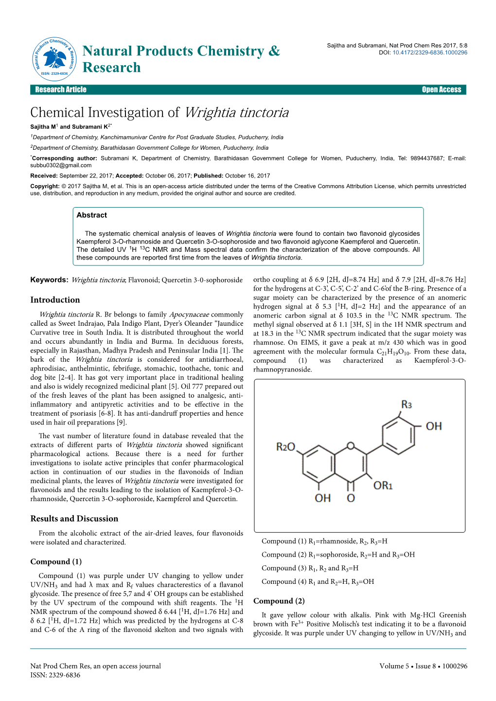 Chemical Investigation of Wrightia Tinctoria