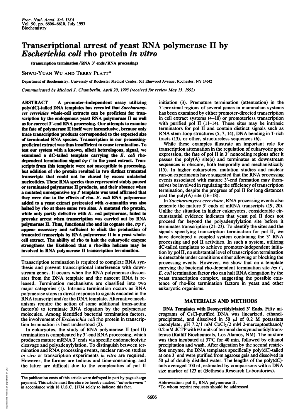 Transcriptional Arrest of Yeast RNA Polymerase II by Escherichia Coli