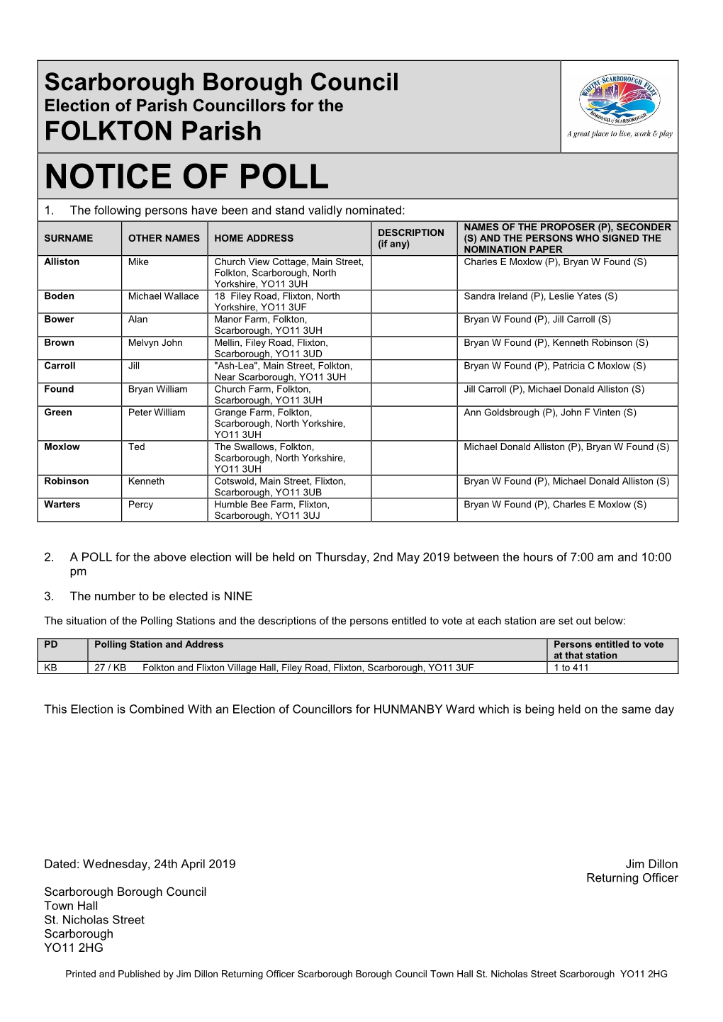 Scarborough Borough Council Election of Parish Councillors for the FOLKTON Parish NOTICE of POLL 1