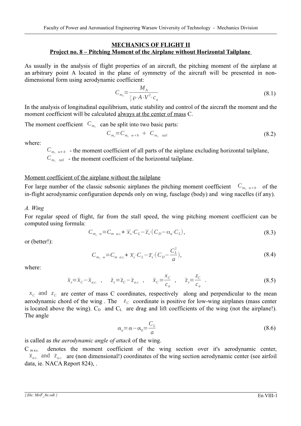 MECHANICS of FLIGHT II Project No