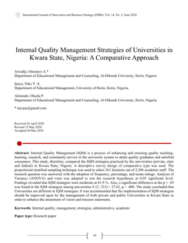 Internal Quality Management Strategies of Universities in Kwara State, Nigeria: a Comparative Approach