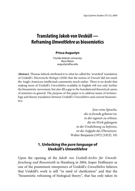 Translating Jakob Von Uexküll — Reframing Umweltlehre As Biosemiotics
