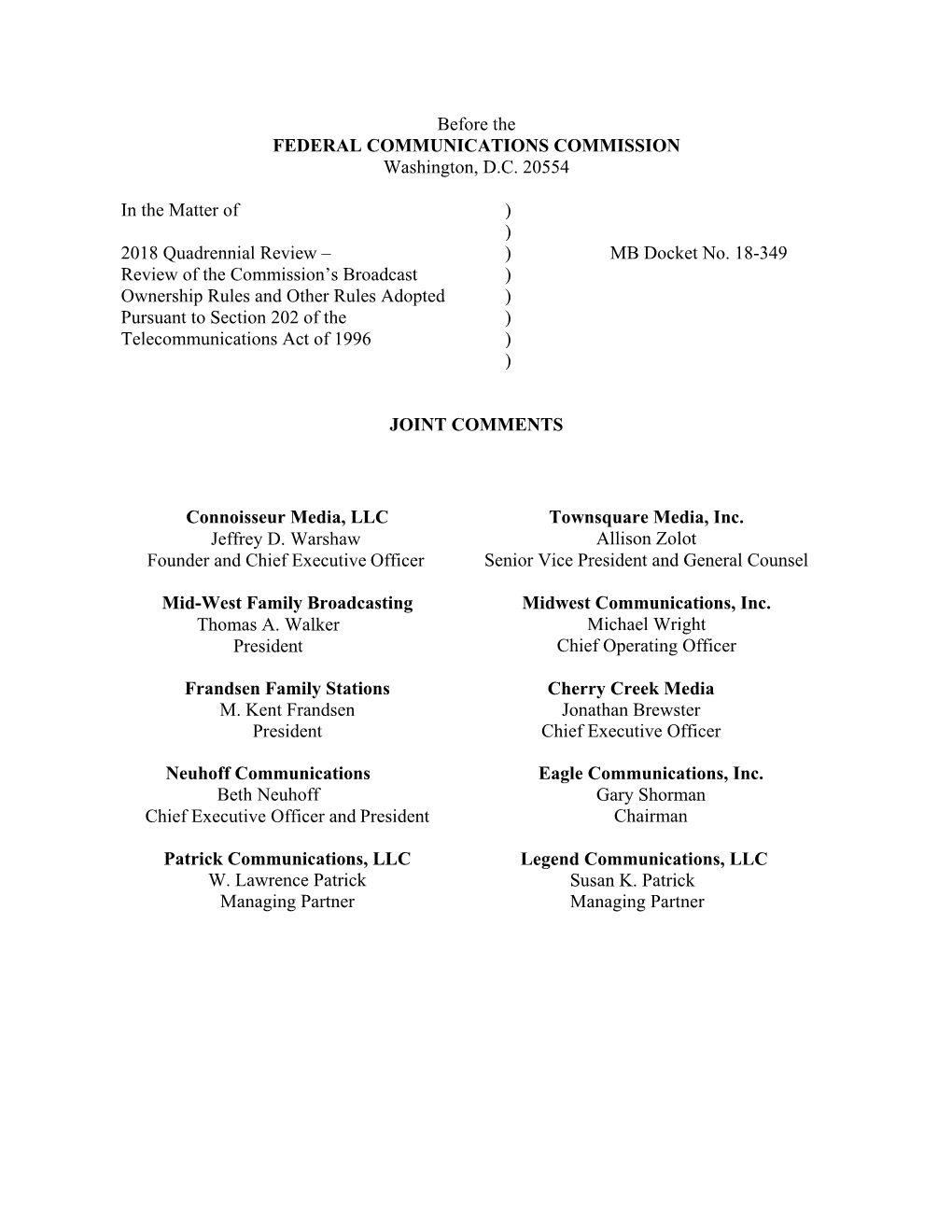 Review of the Commission’S Broadcast ) Ownership Rules and Other Rules Adopted ) Pursuant to Section 202 of the ) Telecommunications Act of 1996 ) )