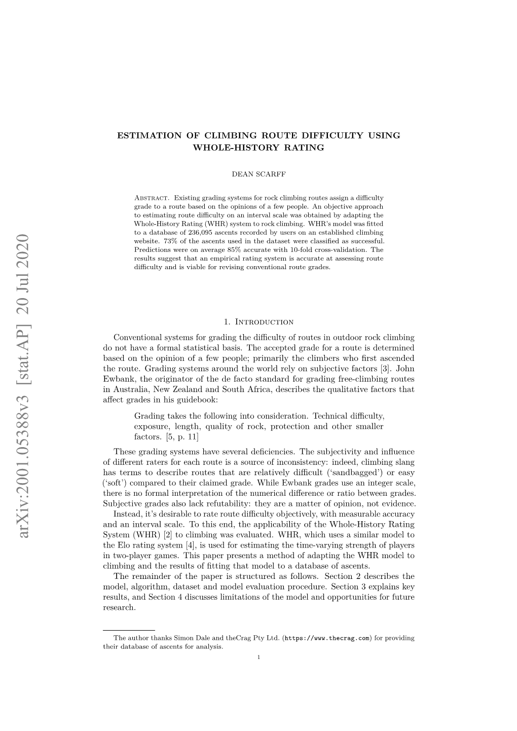 Estimation of Climbing Route Difficulty Using Whole-History Rating