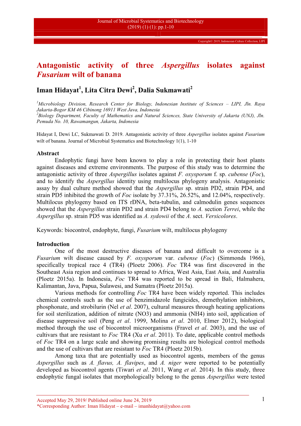 Antagonistic Activity of Three Aspergillus Isolates Against Fusarium Wilt of Banana