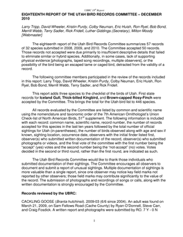 Eighteenth Report of the Utah Bird Records Committee – December 2010
