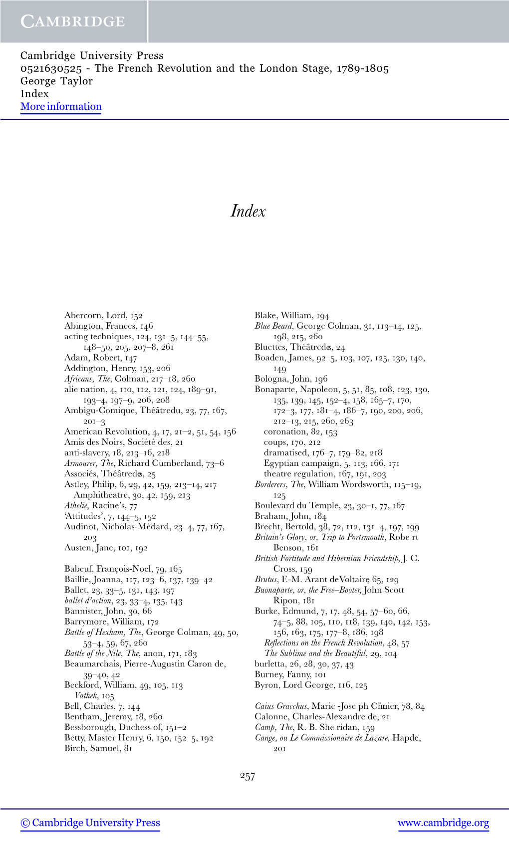 The French Revolution and the London Stage, 1789-1805 George Taylor Index More Information