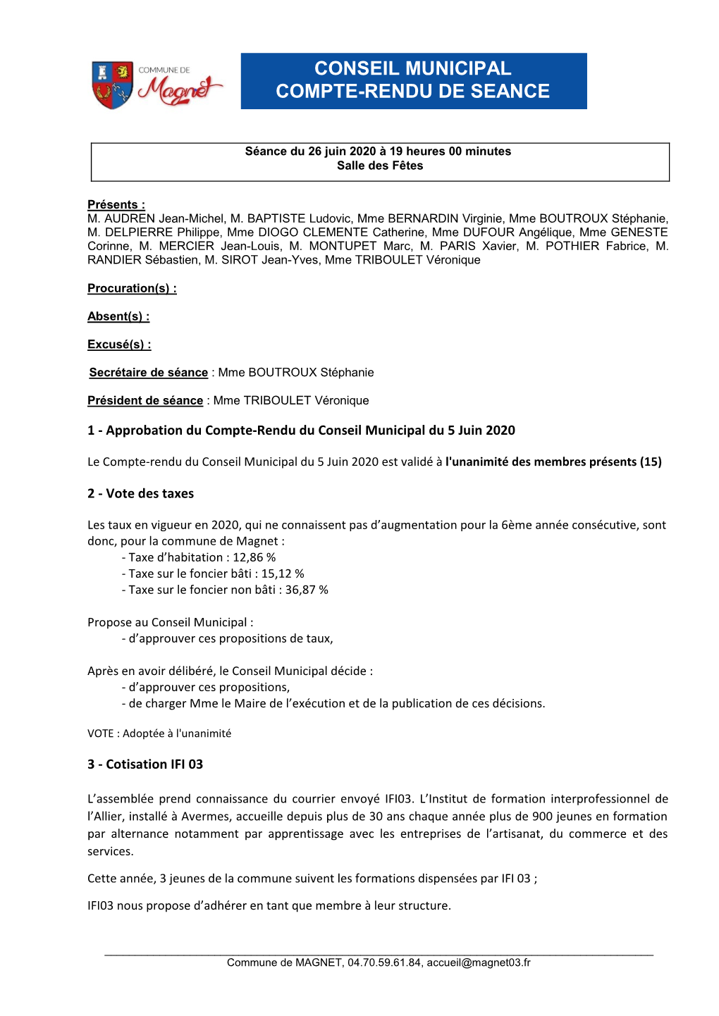 Compte-Rendu Du Conseil Municipal Du 26 Juin 2020
