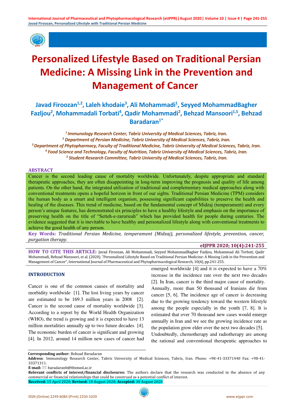 Personalized Lifestyle Based on Traditional Persian Medicine: a Missing Link in the Prevention and Management of Cancer