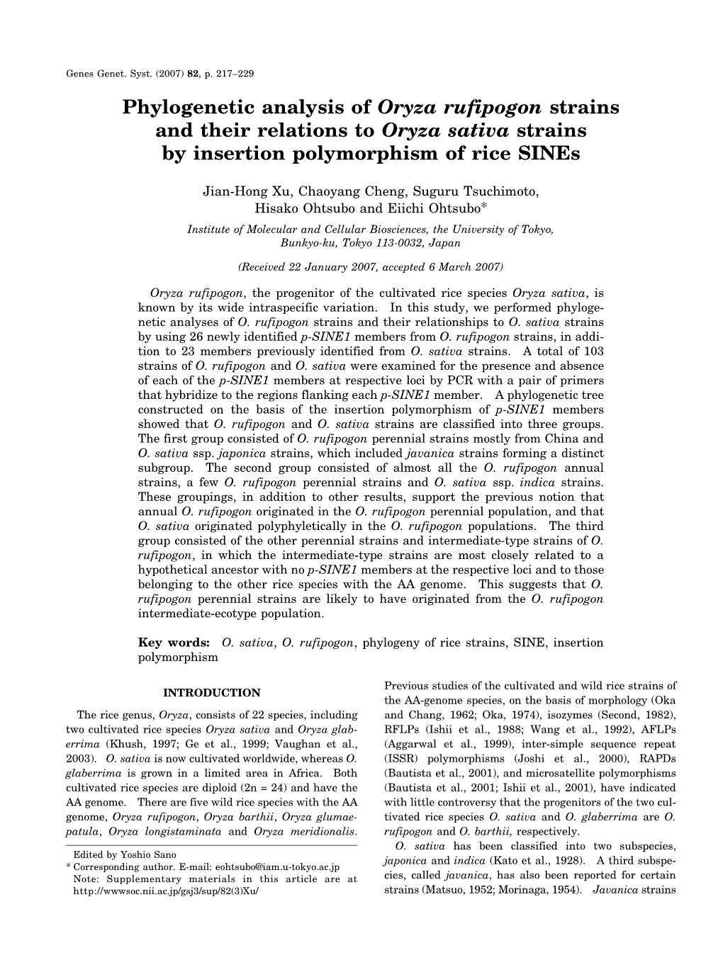 Phylogenetic Analysis of Oryza Rufipogon Strains and Their Relations to Oryza Sativa Strains by Insertion Polymorphism of Rice Sines