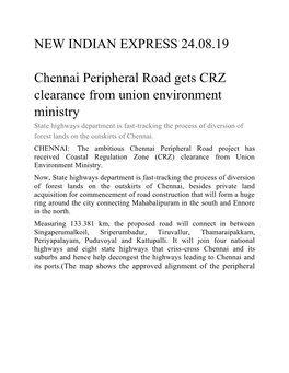 NEW INDIAN EXPRESS 24.08.19 Chennai Peripheral Road Gets CRZ Clearance from Union Environment Ministry