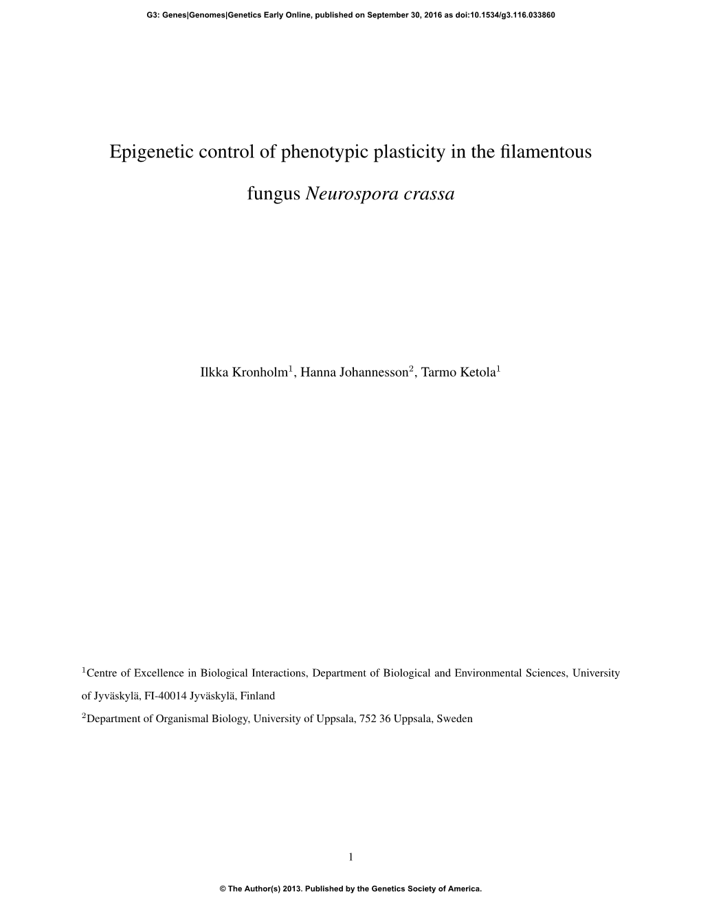 Epigenetic Control of Phenotypic Plasticity in the Filamentous Fungus