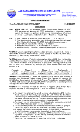 ANDHRA PRADESH POLLUTION CONTROL BOARD Phone: 040-23887500 PARYAVARAN BHAVAN, A-3, INDUSTRIAL ESTATE, Fax: 040- 23815631 SANATHNAGAR, HYDERABAD - 500 018