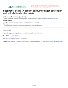 Buspirone, a 5-HT1A Agonist Attenuates Anger, Aggression and Suicidal Tendencies in Rats