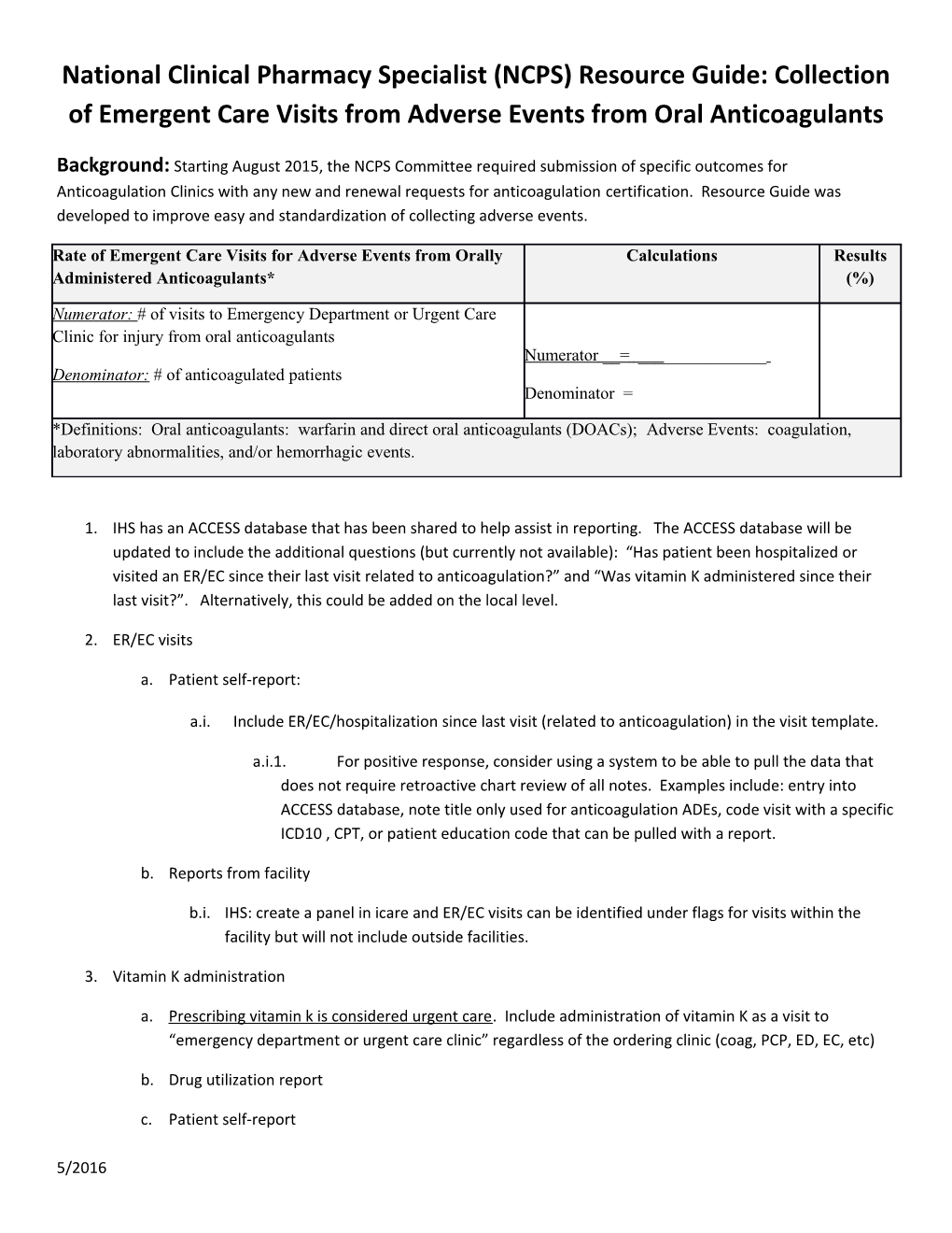 National Clinical Pharmacy Specialist (NCPS) Resource Guide: Collection of Emergent Care