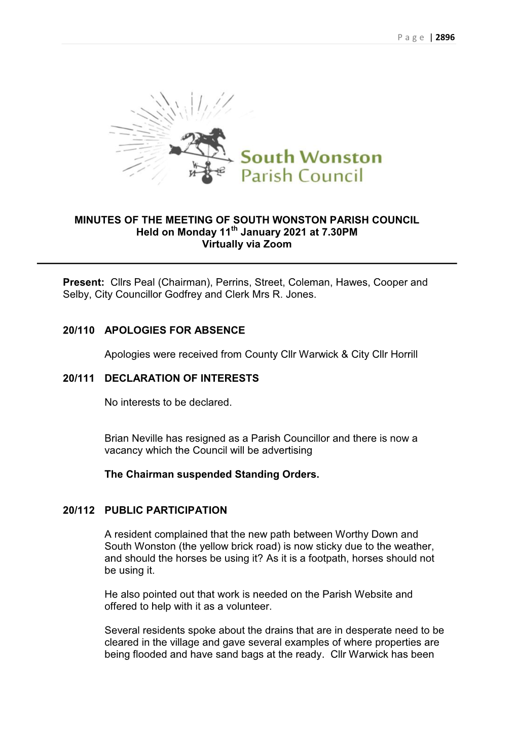 MINUTES of the MEETING of SOUTH WONSTON PARISH COUNCIL Held on Monday 11Th January 2021 at 7.30PM Virtually Via Zoom