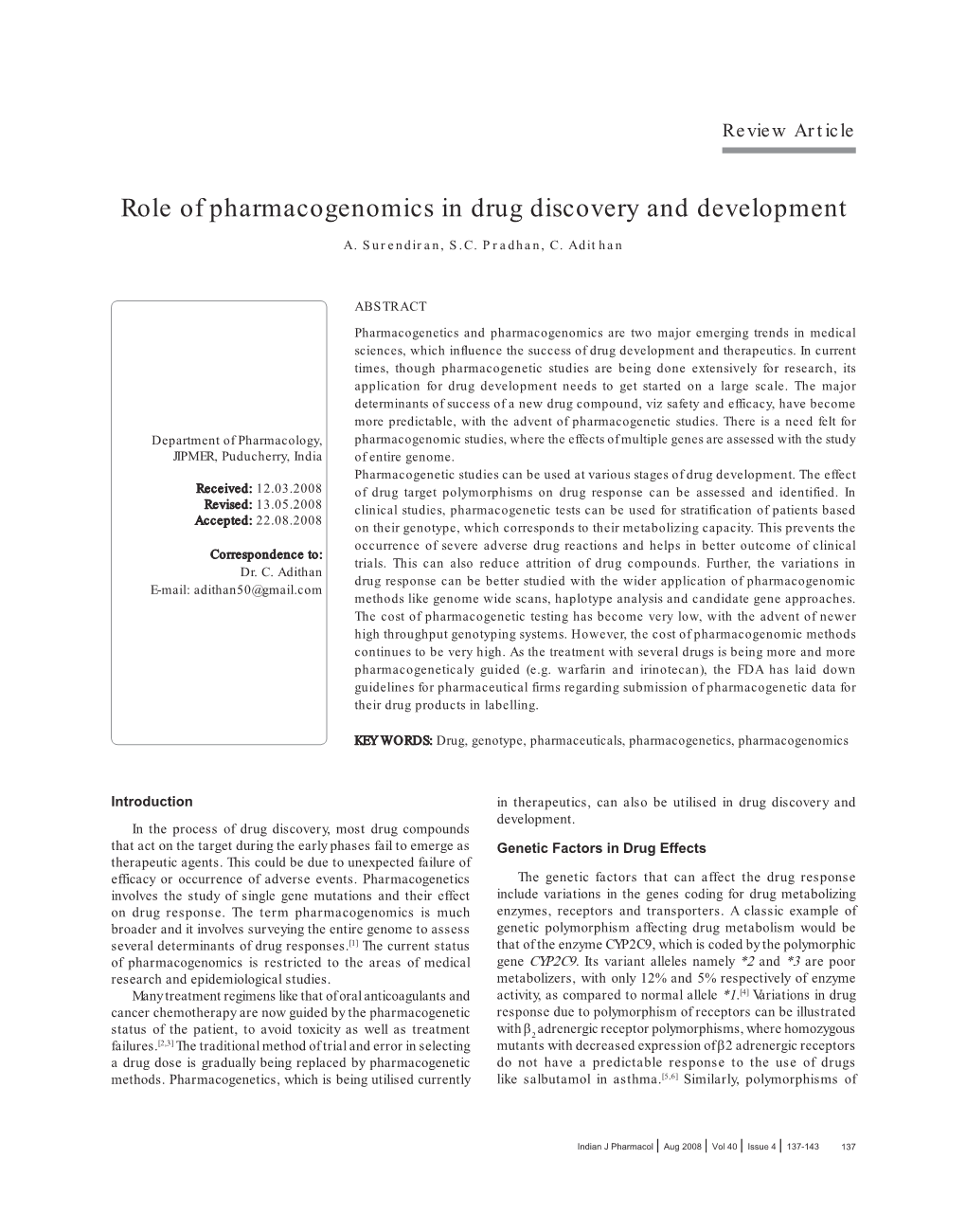 Role of Pharmacogenomics in Drug Discovery and Development A