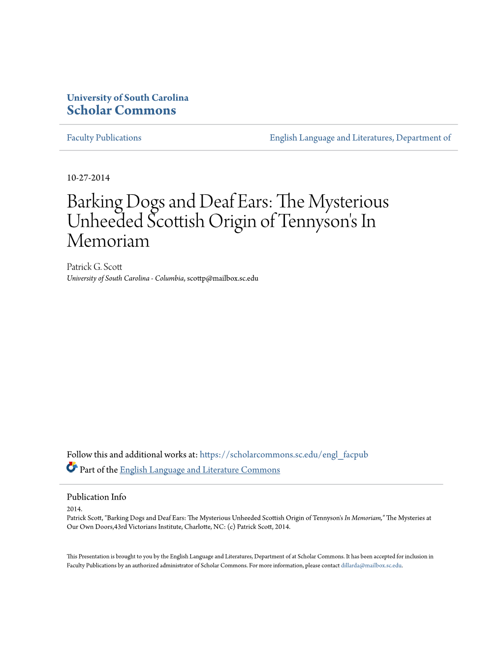 Barking Dogs and Deaf Ears: the Ysm Terious Unheeded Scottish Origin of Tennyson's in Memoriam Patrick G