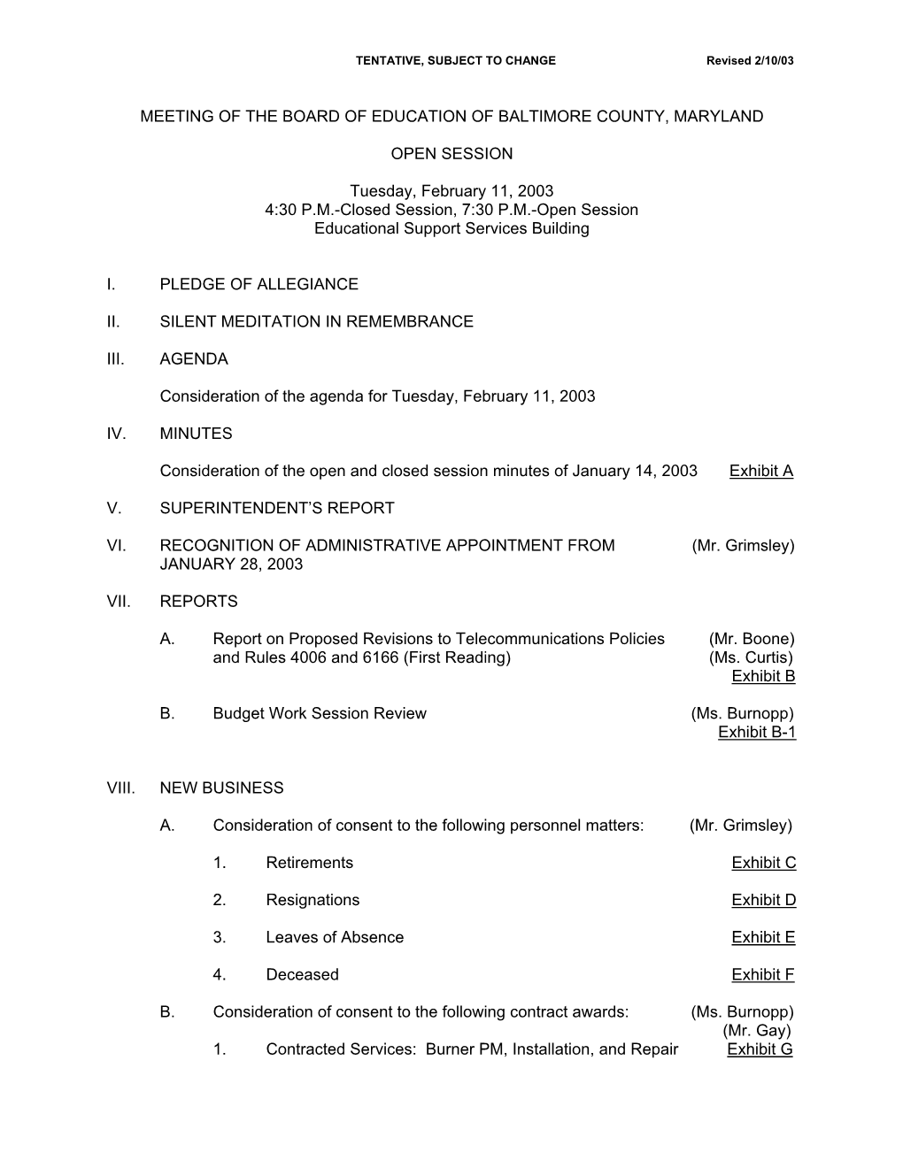 Board of Education Meeting Agenda for February 11, 2003