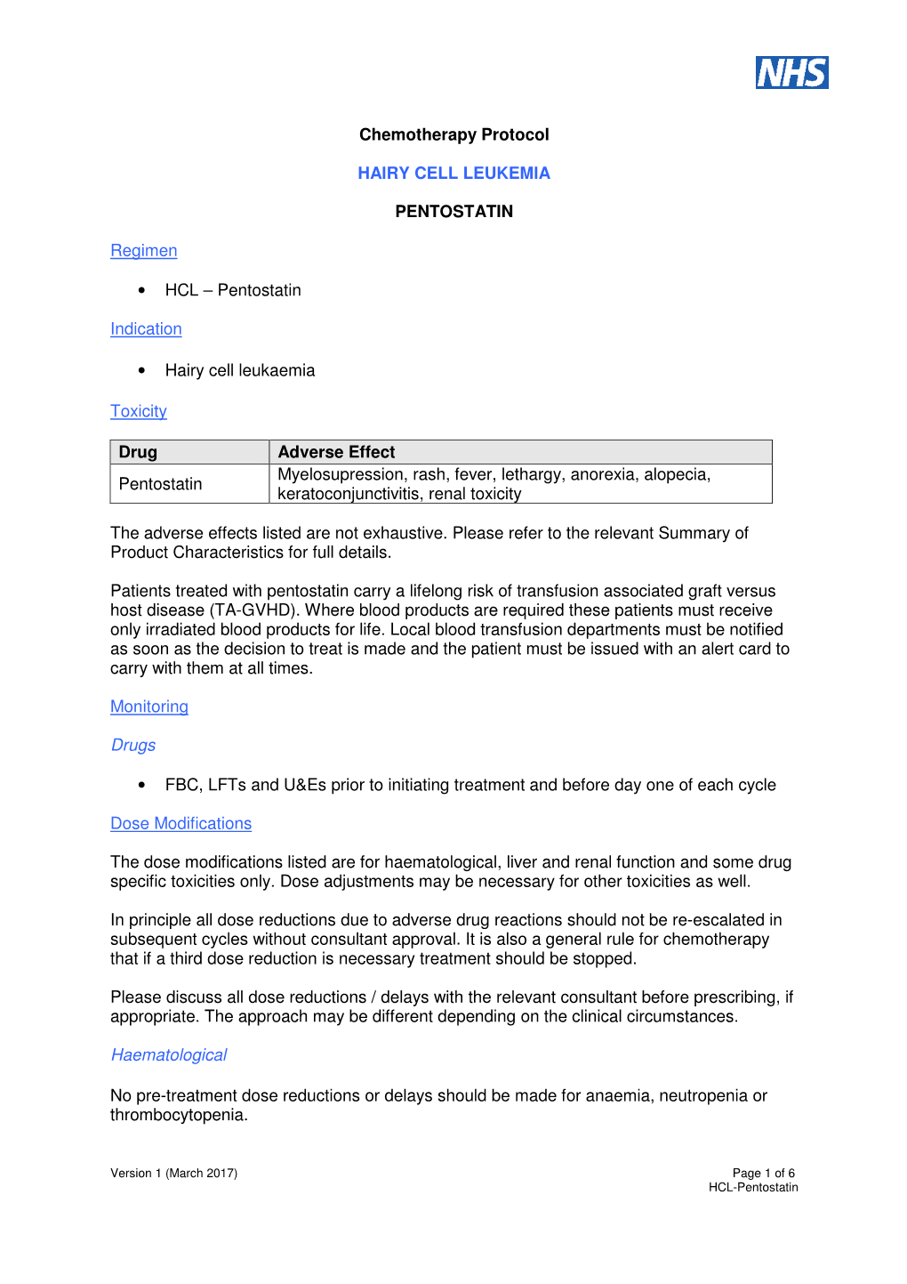 Chemotherapy Protocol HAIRY CELL LEUKEMIA PENTOSTATIN