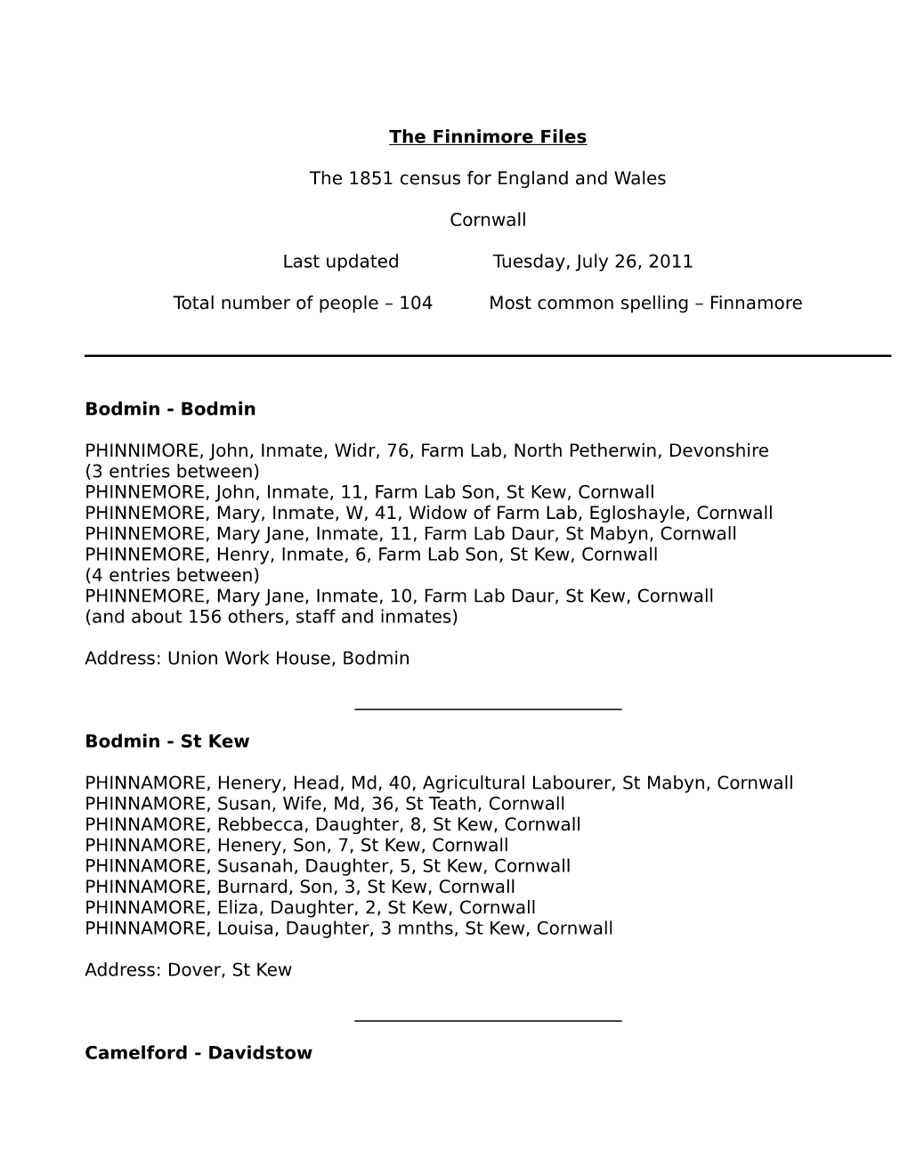 The Finnimore Files the 1851 Census for England and Wales Cornwall