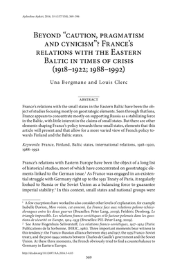 France's Relations with the Eastern Baltic in Times of Crisis (1918–1922;
