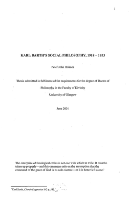 Karl Barth's Social Philosophy, 1918 -1933