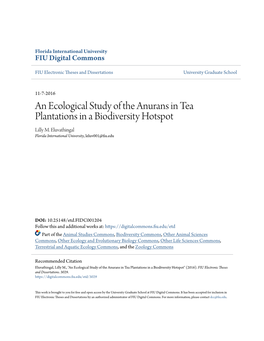 An Ecological Study of the Anurans in Tea Plantations in a Biodiversity Hotspot Lilly M