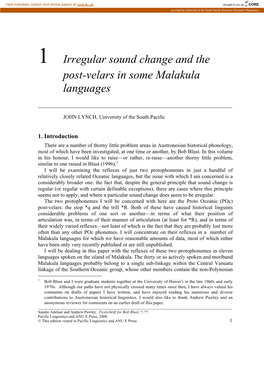 1 Irregular Sound Change and the Post-Velars in Some Malakula Languages