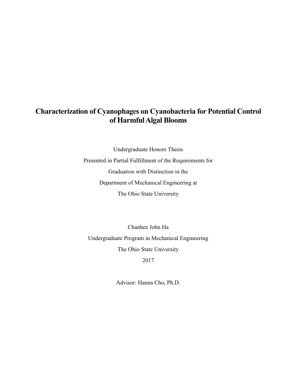 Characterization of Cyanophages on Cyanobacteria for Potential Control of Harmful Algal Blooms